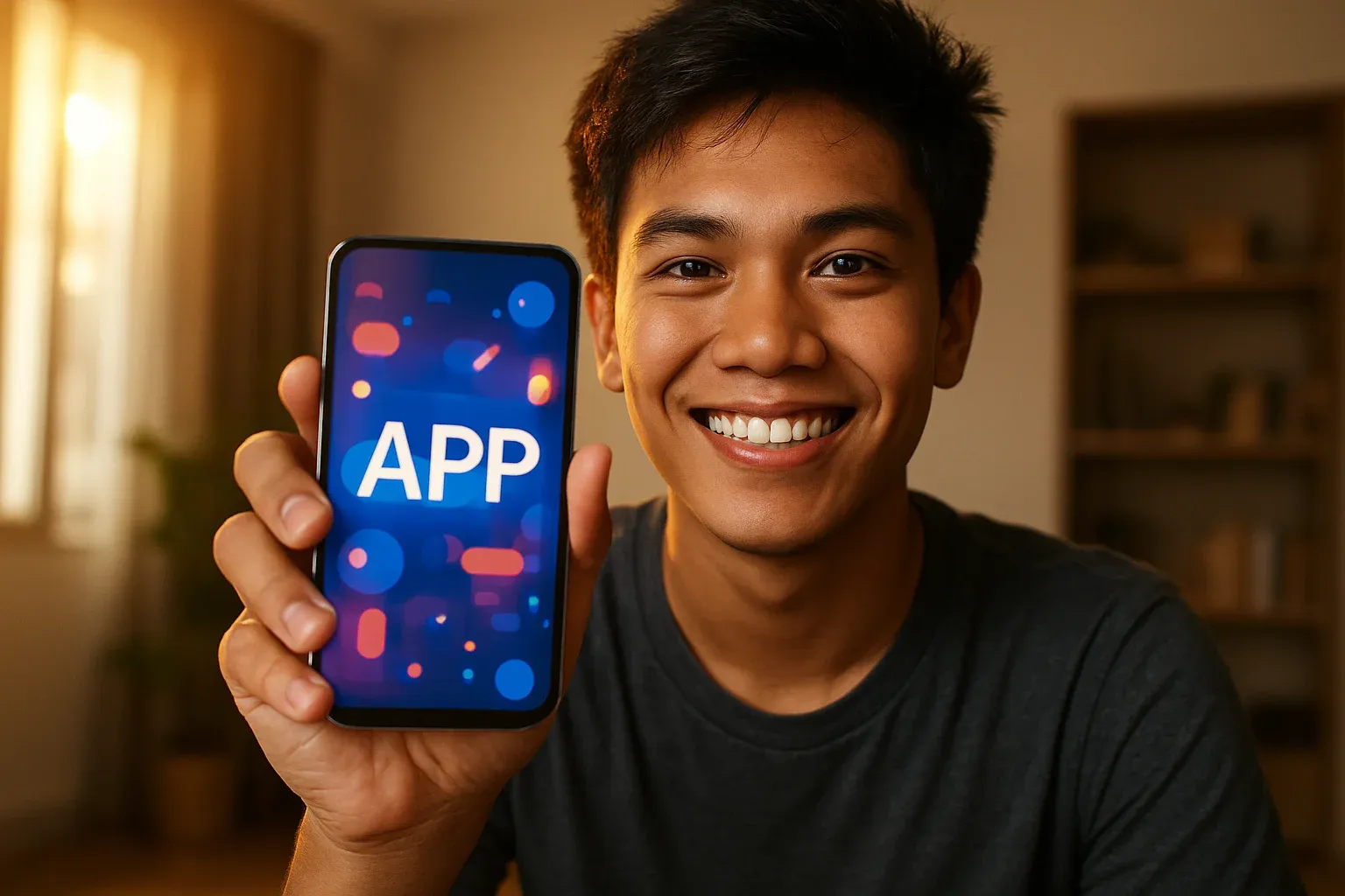 Smiling young Filipino man holding smartphone with glowing app screen