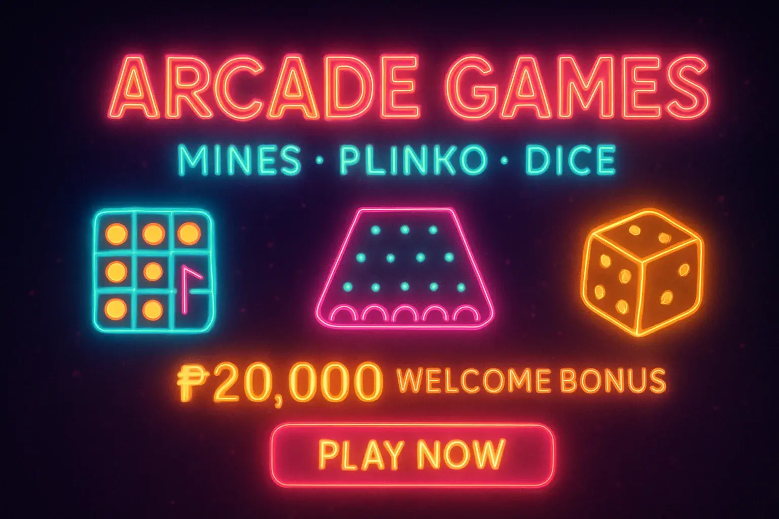 Neon arcade games banner with mines, plinko, dice, and play now button