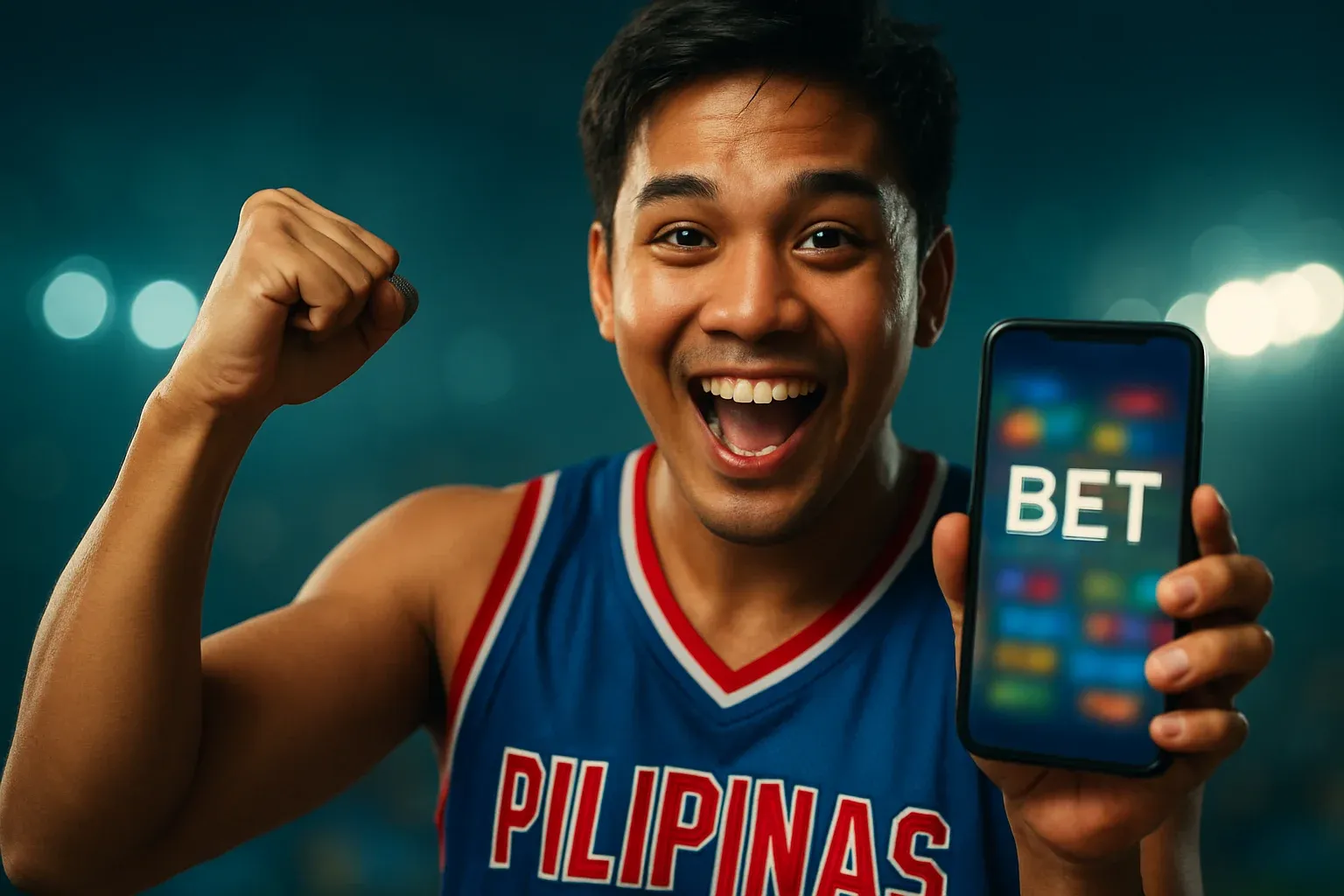 Excited Filipino man holding phone with sports betting screen and BET text