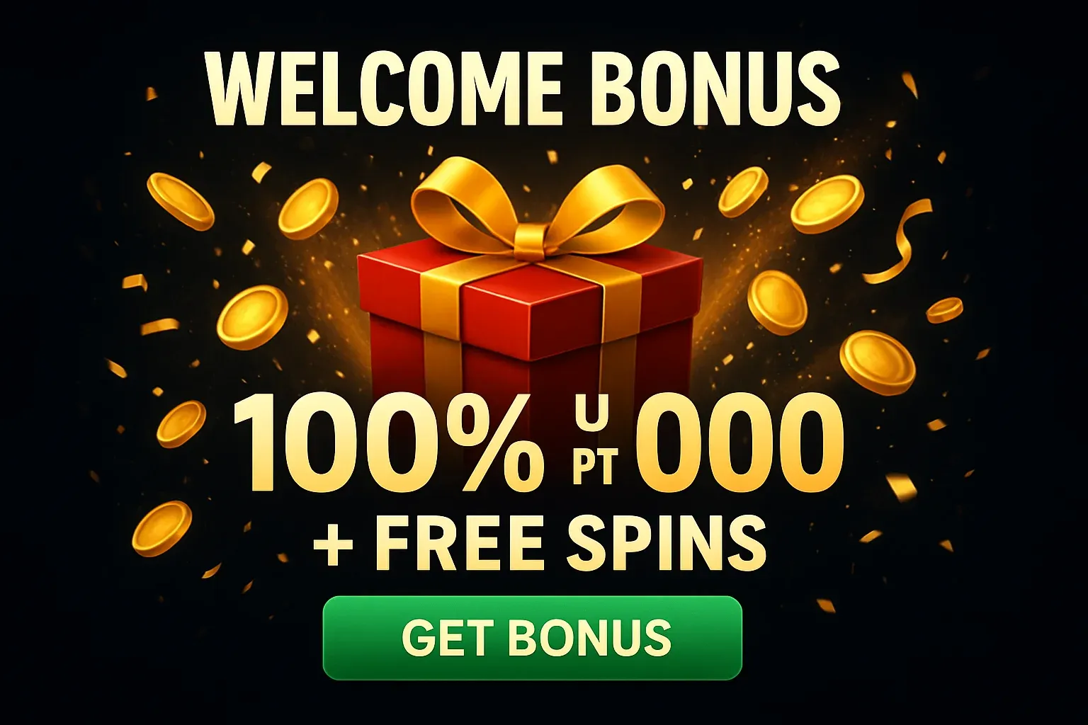 Casino welcome bonus banner with gift box, coins, confetti, and CTA