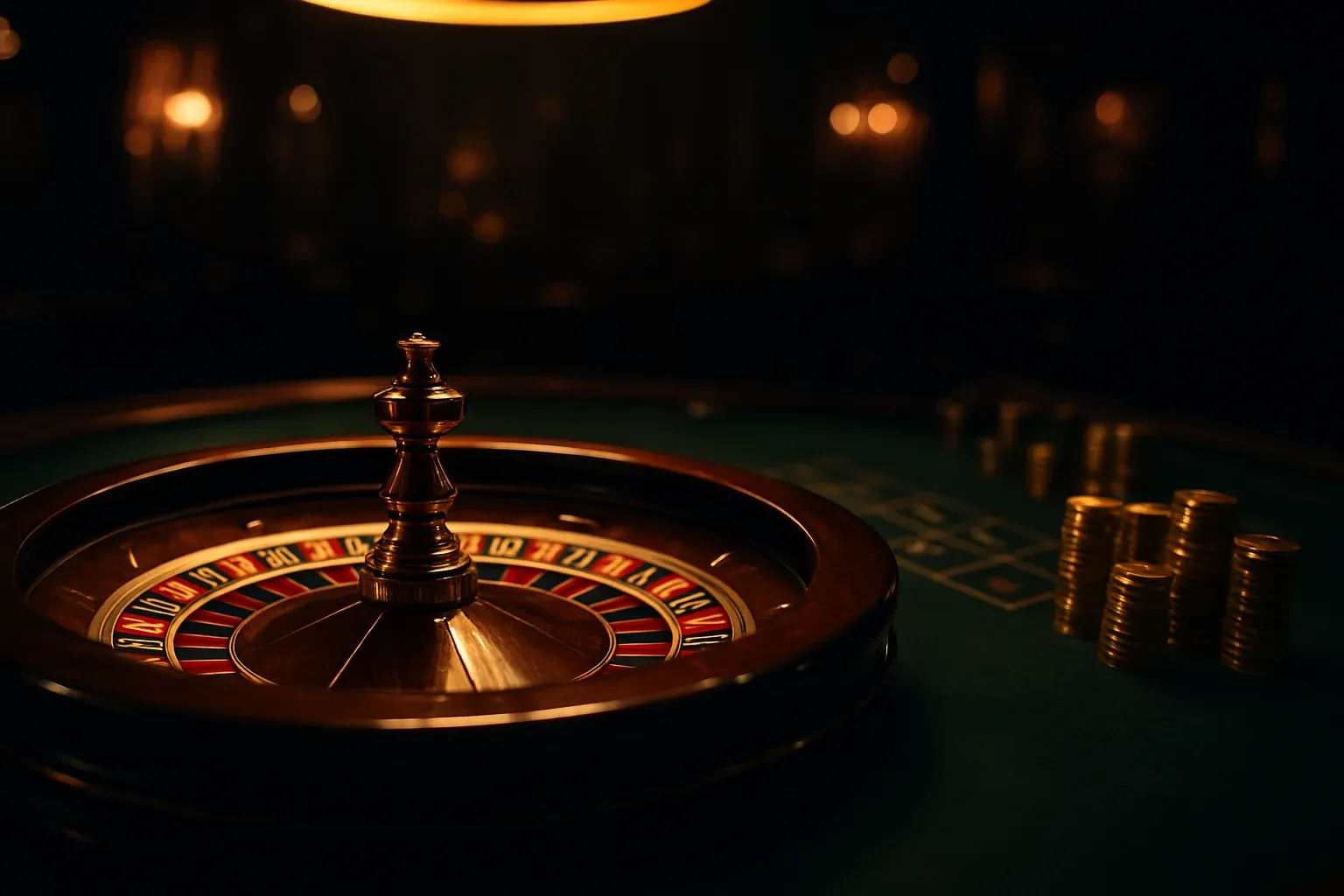 Elegant live casino table with glowing roulette wheel and golden chips