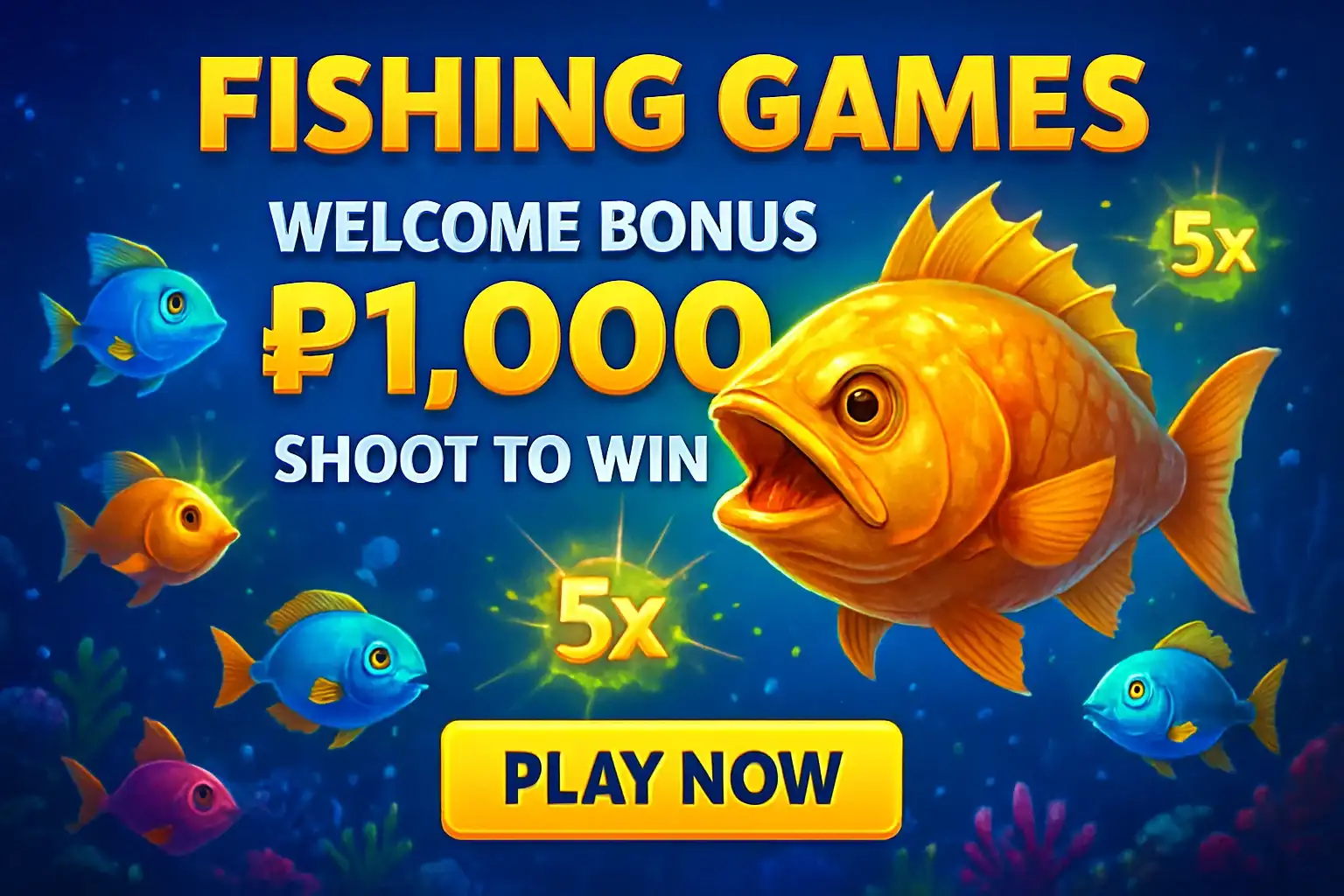 Fishing arcade promo banner with underwater boss fish and bonus offer