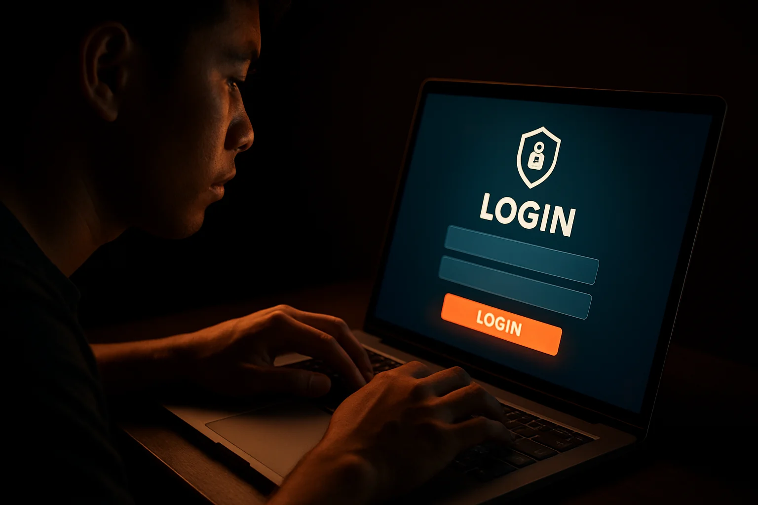 Young Filipino man's hands on laptop showing login screen form