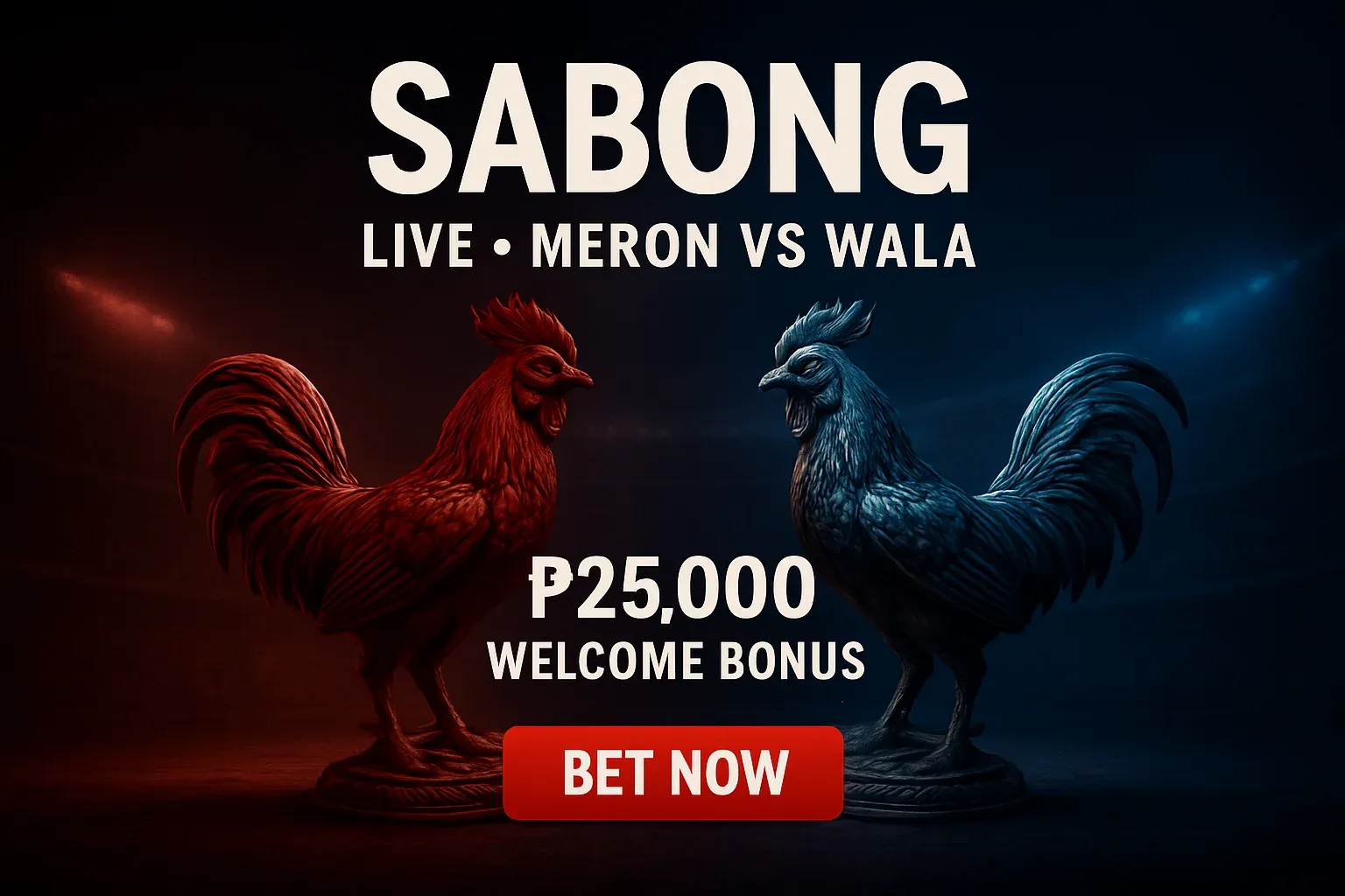 Live sabong banner with decorative rooster figurines and bet now button