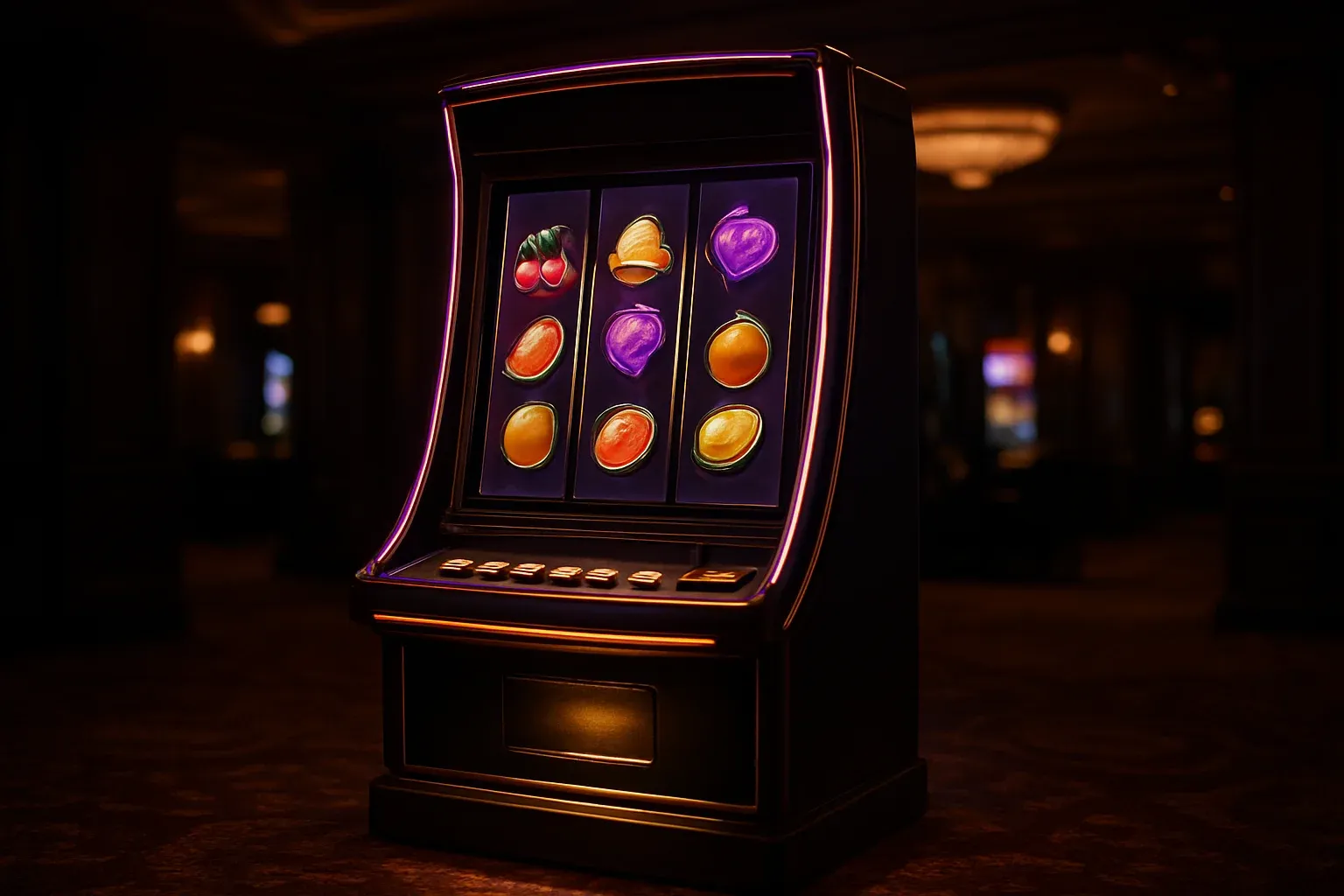 Complete premium slot machine on luxury casino floor with three vertical reels